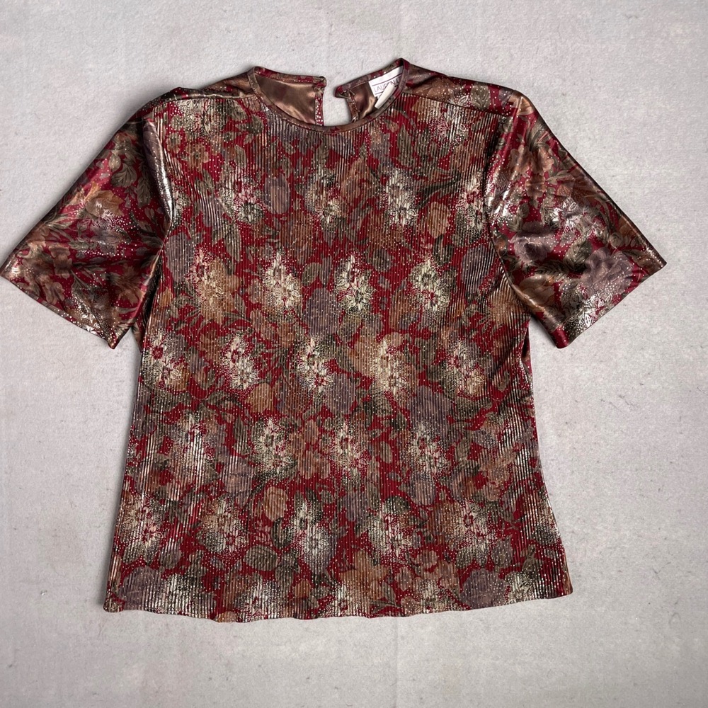 Lauren Lee‎ Metallic Floral Top Pleated Sparkle Party Blouse Medium